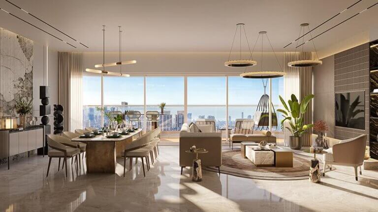 Luxury 3 BHK apartment interior in Mohali with spacious living and dining area.