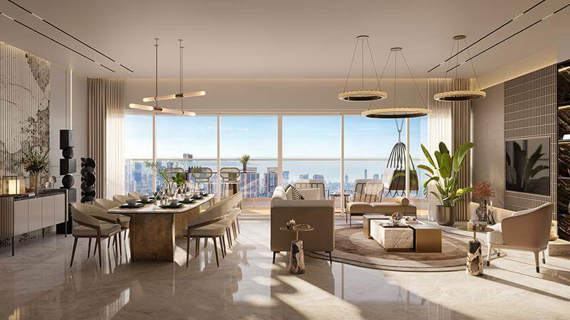 Luxury 3 BHK apartment interior in Mohali with spacious living and dining area.