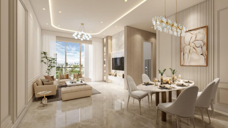 Luxury apartment interior with modern living and dining spaces in Zirakpur
