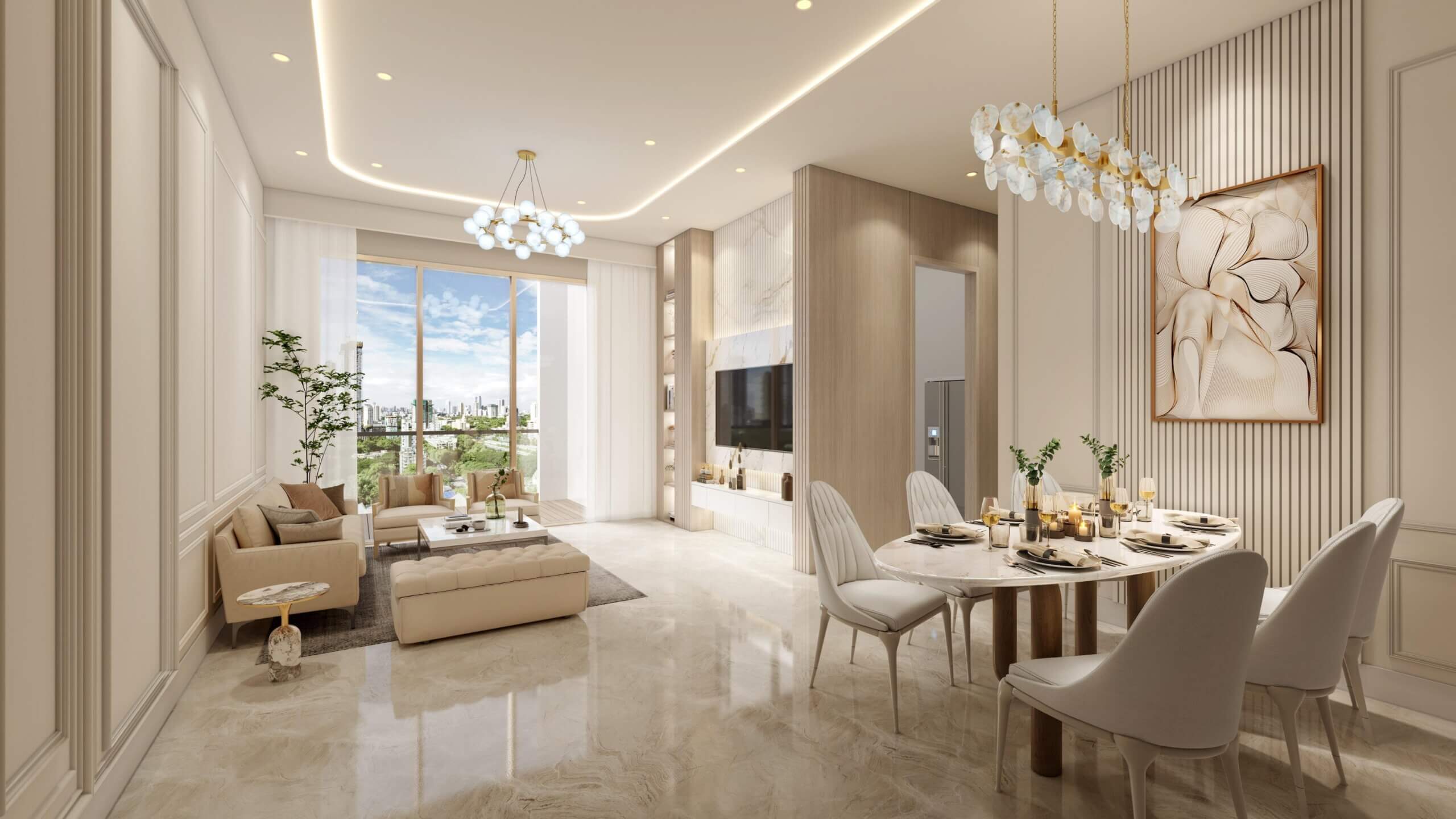 Luxury apartment interior with modern living and dining spaces in Zirakpur
