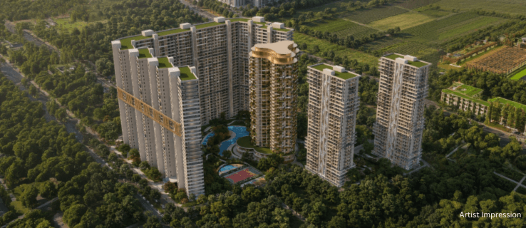 Aerial day view of KS ONE-O-8 luxury residential towers with landscaped amenities in Zirakpur