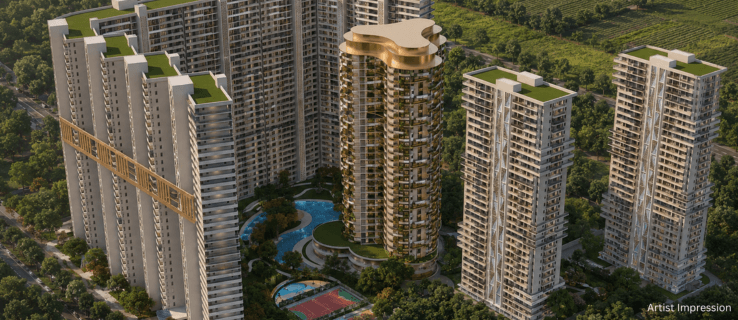 Aerial day view of KS ONE-O-8 luxury residential towers with landscaped amenities in Zirakpur